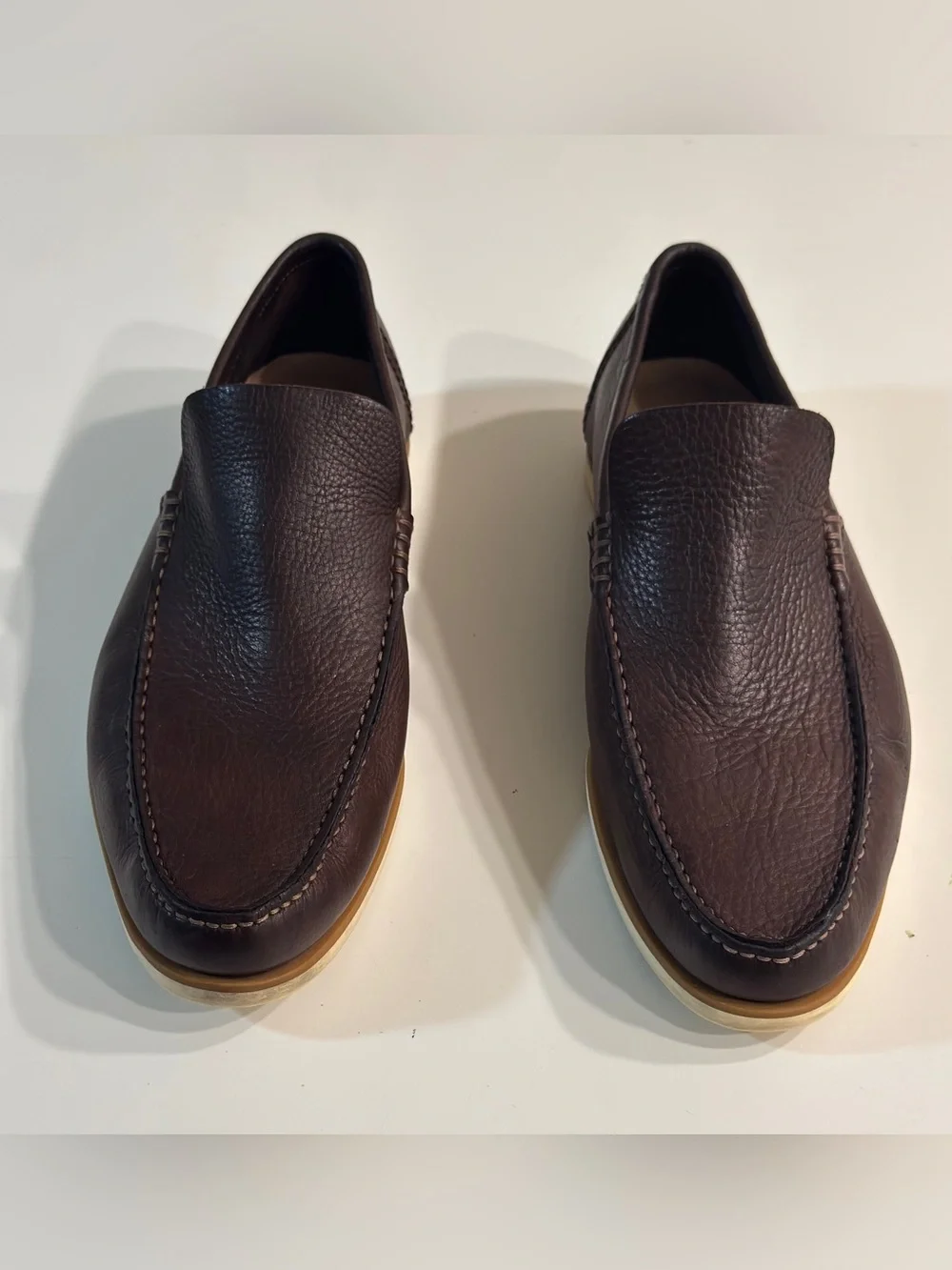 Gucci Mens Brown Pebbled Leather Loafers Web Stripe Heel Driver Shoes Size 10.5